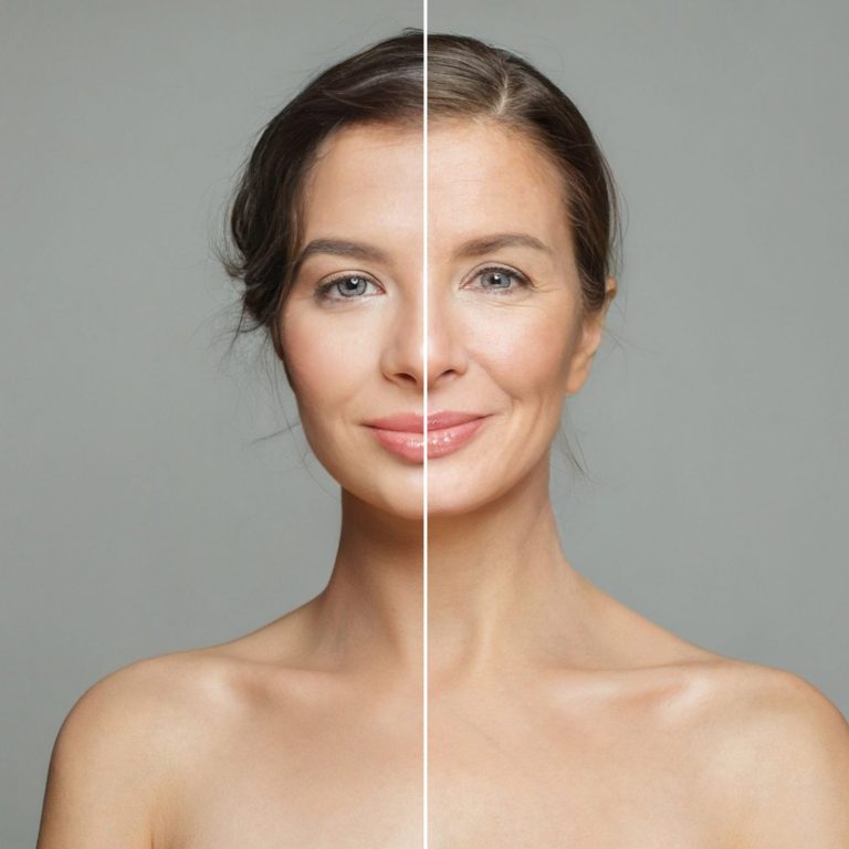 Elegant young model woman and mature woman. Two female faces collage set.